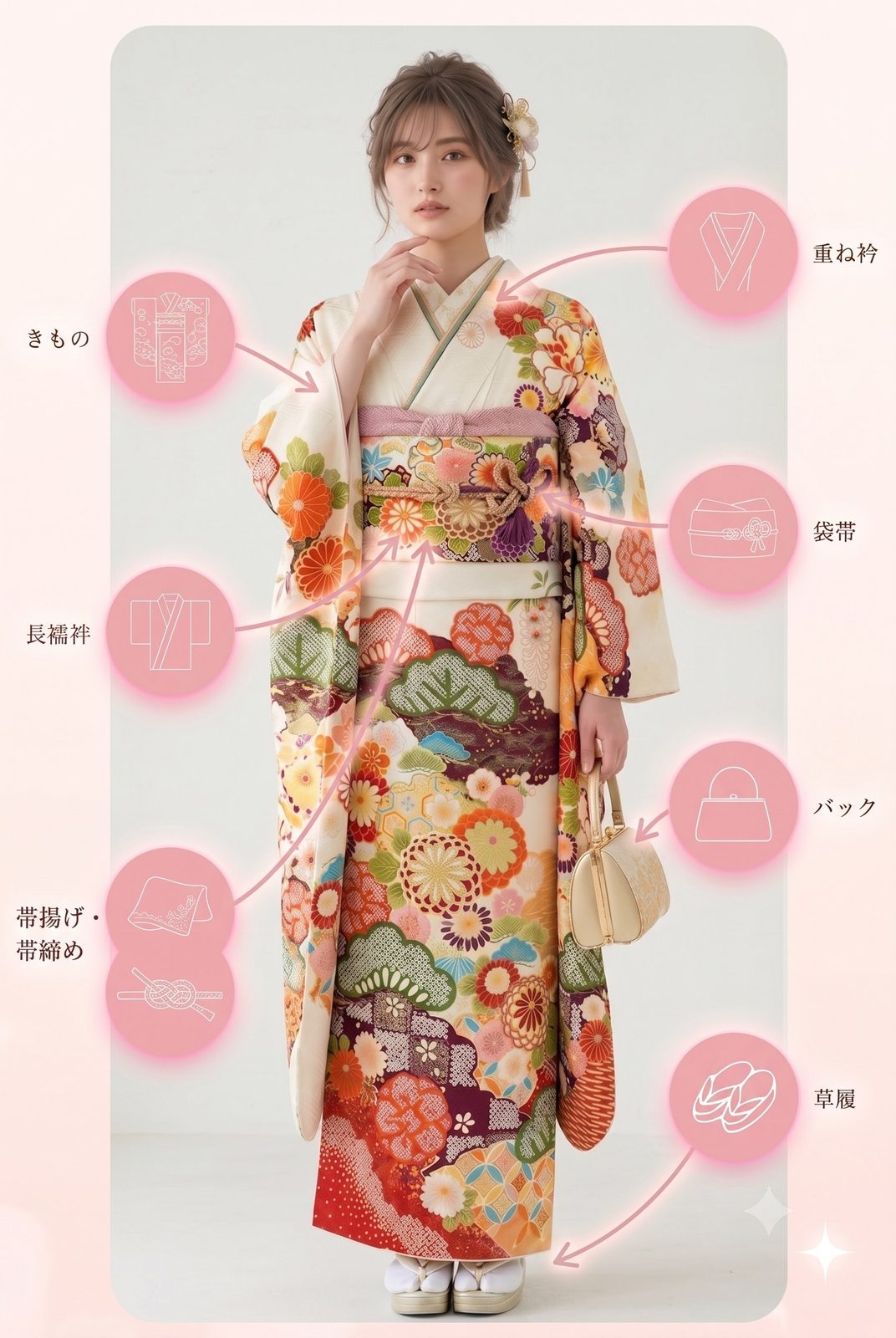 振袖フルセットの内容：きもの・長襦袢・帯揚げ・帯締め・重ね衿・袋帯・バック・草履